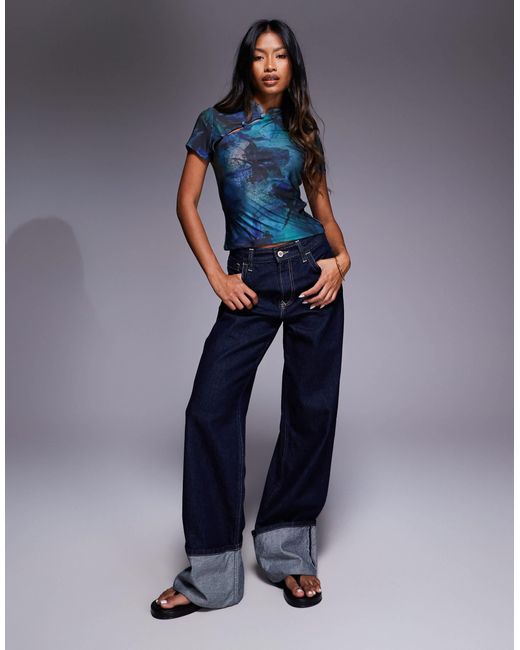 Top ajusté à manches courtes avec boutons à passant et imprimé fleuri - bleu ASOS en coloris Blue