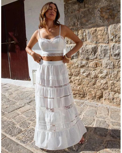 4th & Reckless Brown X Luana Barron Contains Linen Tiered Lace Insert Maxi Beach Skirt Co-ord