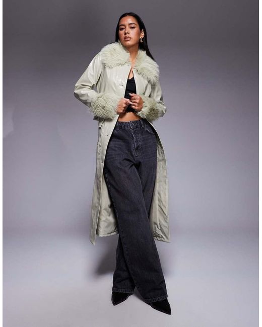 River Island Blue Vinyl Trench With Faux Fur Trims