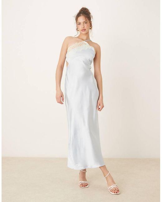 Vestido Lencero Midi Azul Pálido De Tirante Asimétrico Con Ribete De Encaje De ASOS de color White