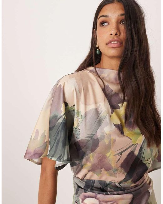 ASOS Brown Satin High Neck Blouson Mini Dress With Flutter Sleeve