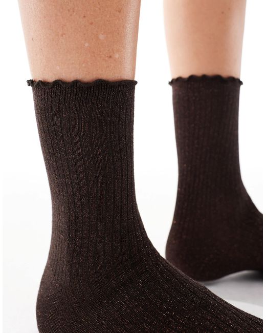 Vero Moda Brown Glitter Sock With Frill Edge