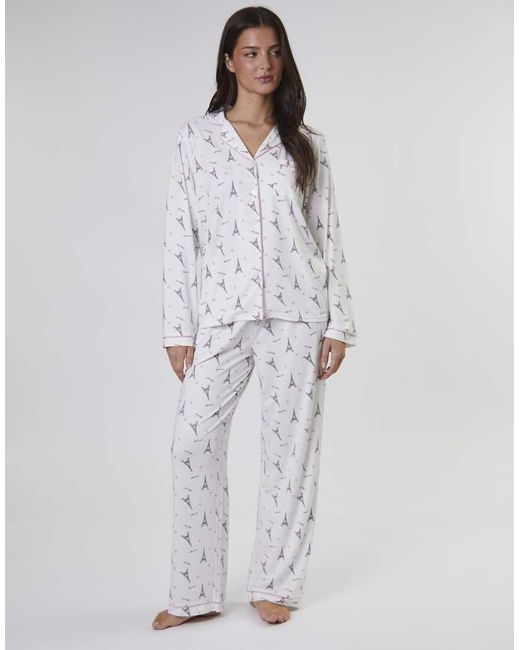 Loungeable White Paris Ooh Lala Printed Traditional Long Sleeved Pyjamas