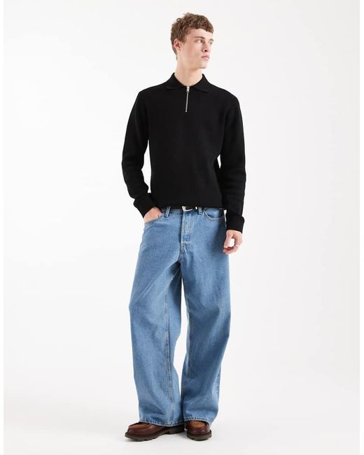 Jack & Jones Blue Premium Long Sleeve Knitted Polo With Quarter Zip for men