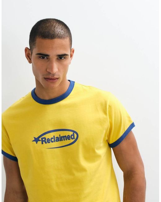 Reclaimed Vintage Yellow Contrast Ringer Slogan T-shirt for men