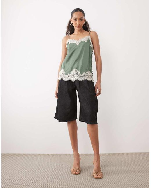 Abercrombie & Fitch Green Satin Lace Detail Cami Top