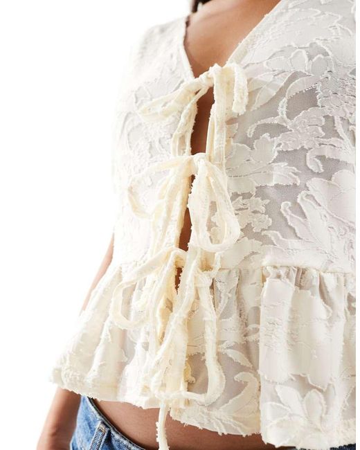 Miss Selfridge White Lace Puff Short Sleeve Tie Front Top