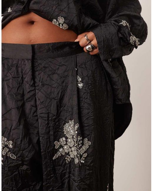 ARRANGE Black Curve Crinkle Satin Floral Embellished Trouser Co-Ord