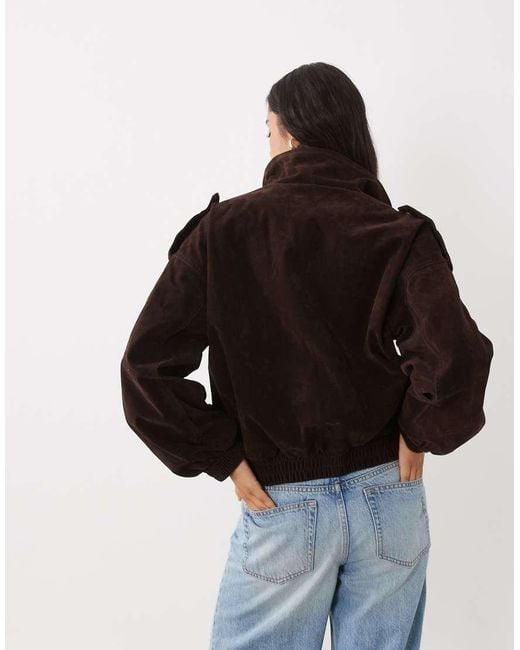 Kaiia Black Exclusive Faux Suede Cargo Pocket Front Balloon Sleeve Funnel Neck Bomber Jacket