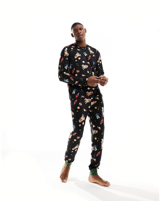 Chelsea Peers Black Space Dog Long Pyjama Set for men