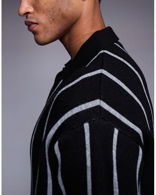 ASOS Blue Relaxed Knitted Stripe Notch Neck Polo for men