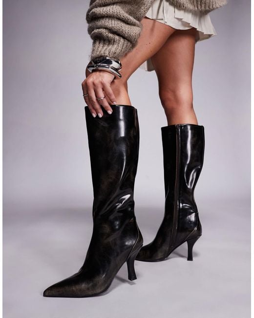 Public Desire Black Levitate Pointed Toe Knee Boots With Vintage Heels