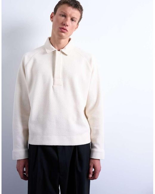 Topman White Boxy Fit Textured Raglan Polo Sweat for men