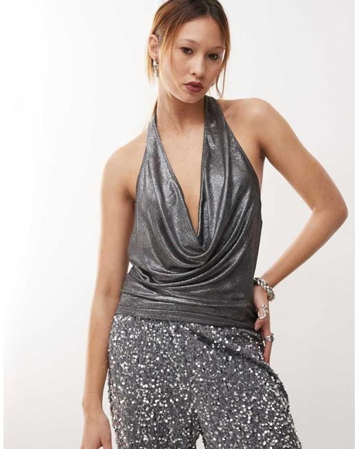 Weekday Gray Keira Metallic Waterfall Drape Halter Neck Top