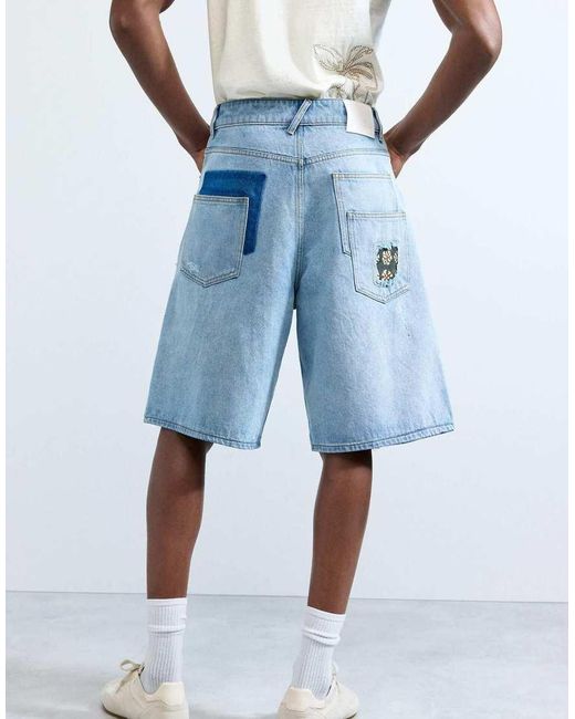 Desigual Blue Denim Bermuda Shorts With Patches for men