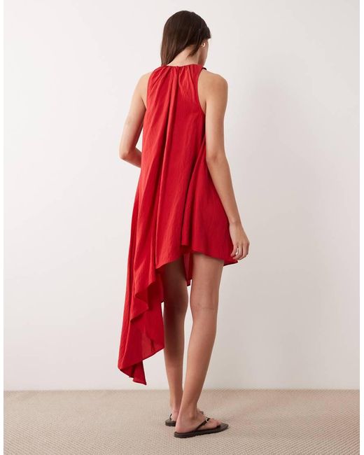 ASOS Red Techy Fabric Asymmetric Hem Volume Mini Dress