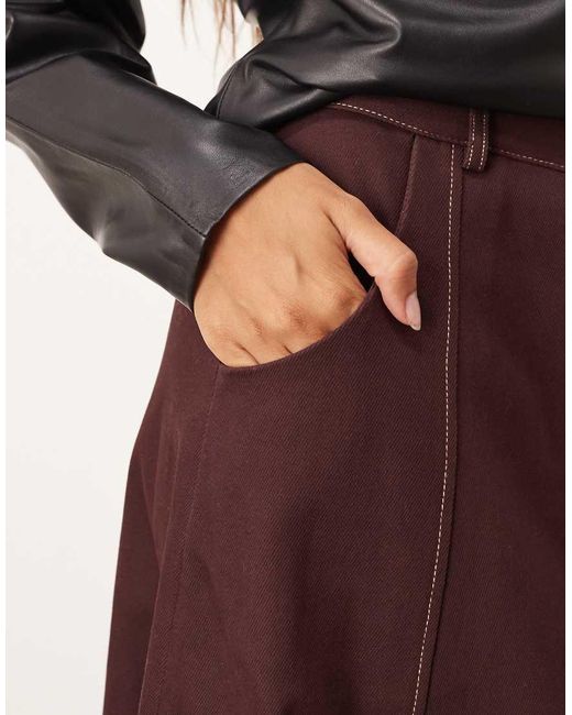 ARRANGE Red Heavy Twill Full Midi Skirt With Contrast Stitch