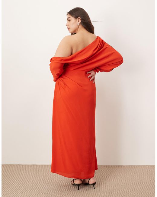 ARRANGE Red Curve Linear Embroide Floral Slouchy Shoulder Drape Midi Dress