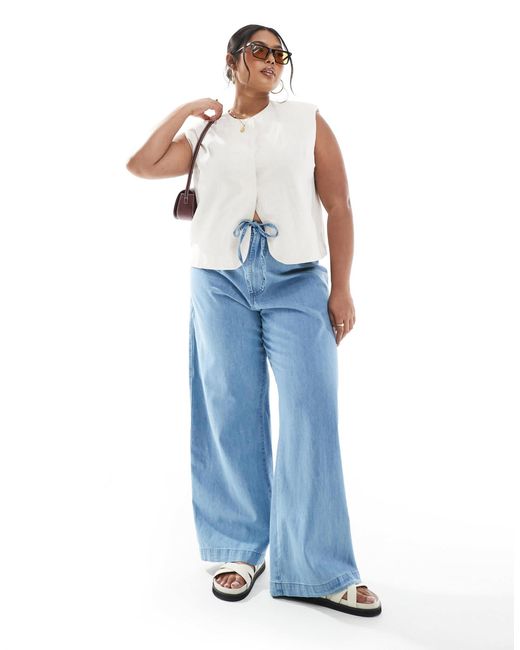 ASOS Blue Asos Design Curve Soft Wide Leg Jean With Tie Waist