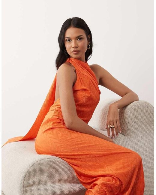 ASOS Orange Zig Zag Plisse Scarf Neck Maxi Dress