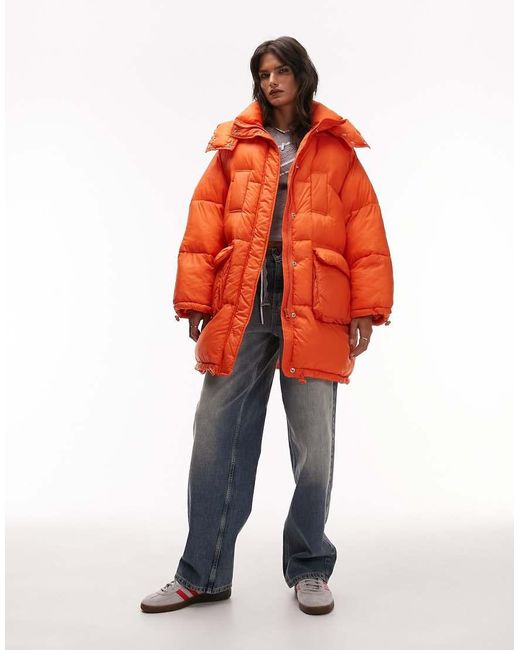 TOPSHOP Hooded Puffer Jacket in Orange Lyst UK