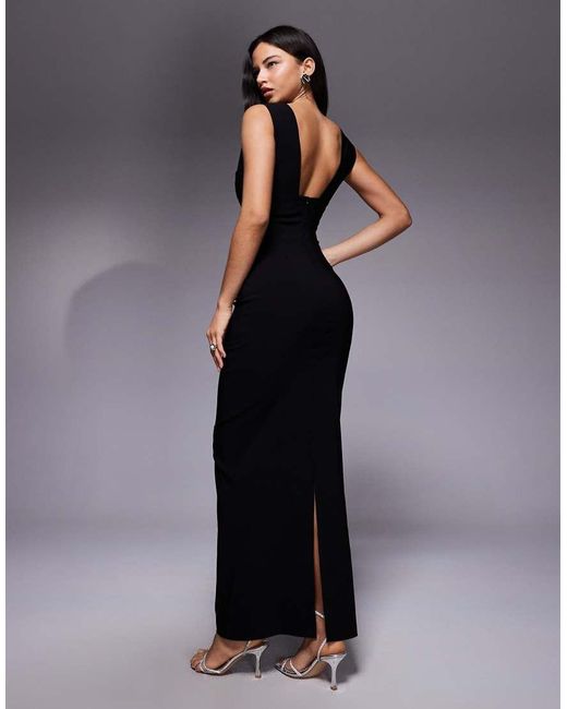 Vesper Blue Bengaline V-neck Plunge Maxi Dress