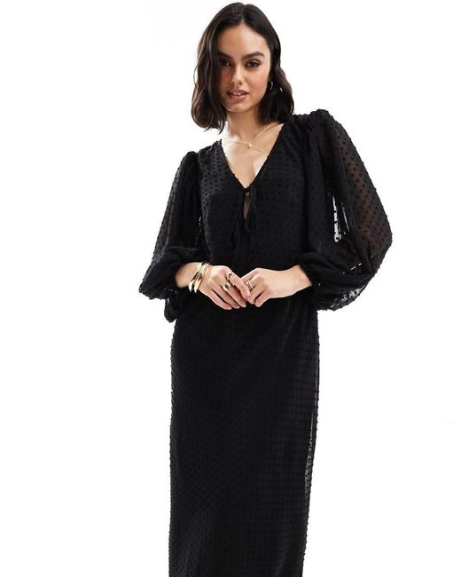 ASOS Black Dobby Balloon Sleeve Midi Dress