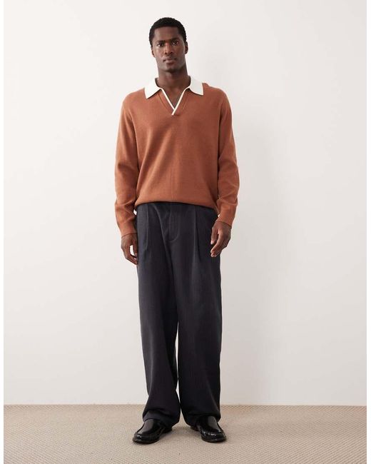 ASOS Brown Relaxed Knit Long Sleeve Notch Neck Polo Shirt for men