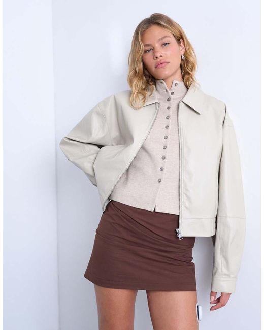 TOPSHOP White Faux Leather Dropped Shoulders Cropped Zip Up Jacket
