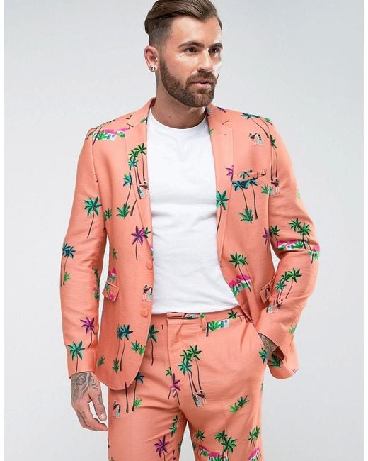 ASOS Pink Skinny Suit Jacket In Coral Tropical Print for men