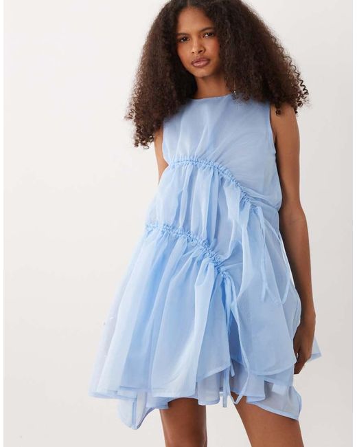 Ghospell Blue Indie Mesh Overlay Sleeveless Drawstring Detail Mini Dress