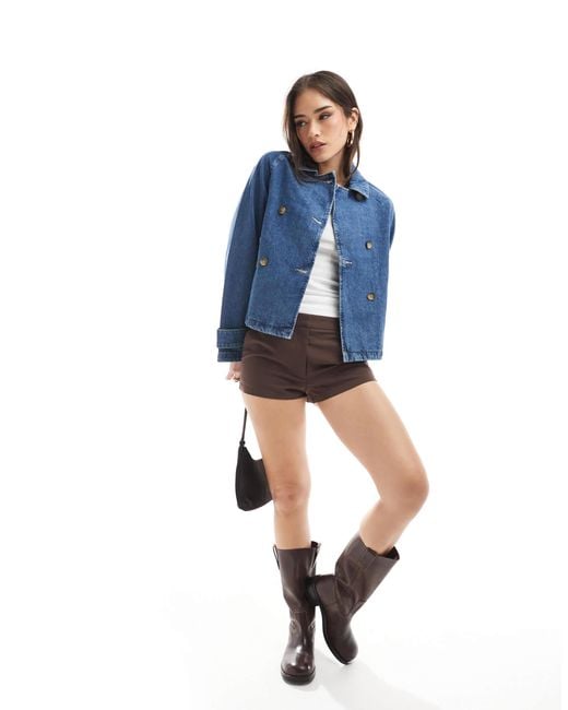 ONLY Short Denim Trench Coat in Blue | Lyst
