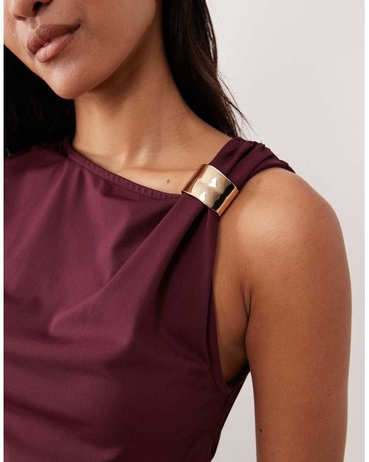 ASOS Purple Draped Slash Neck Top With Metal Hardware Detail