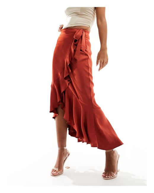 Flounce London Red Satin Wrap Midaxi Skirt
