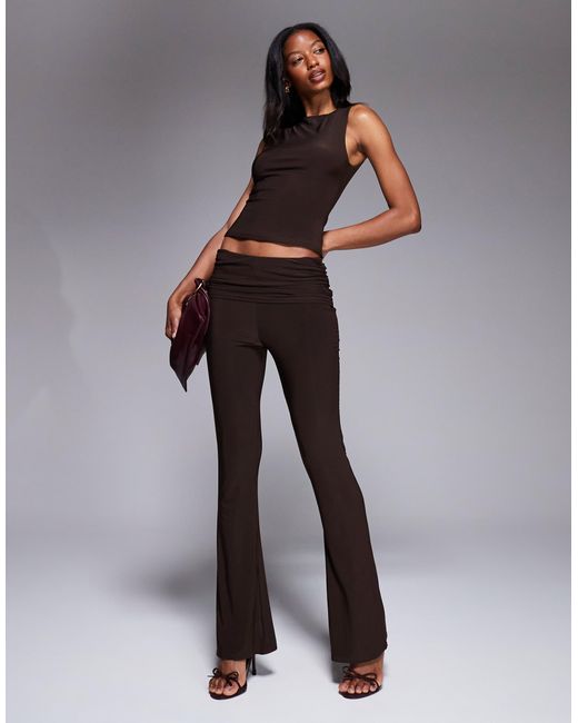 Kaiia Brown Exclusive Double Layered Slinky Slashneck Top Co-ord