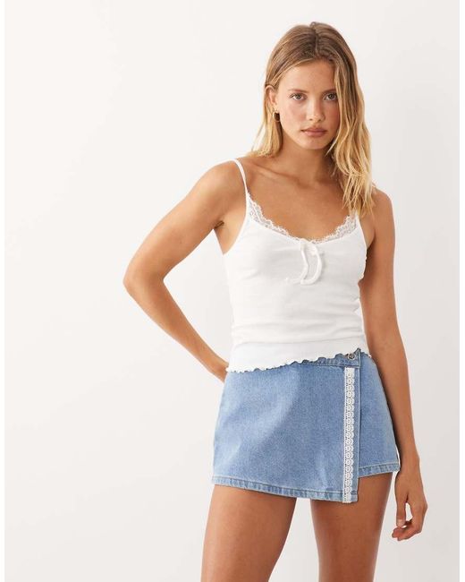 Miss Selfridge Blue Boxy Denim Shirt With Broderie Trim