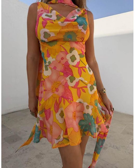 Never Fully Dressed Orange Sophie Chiffon Cowl Scarf Detail Mini Dress