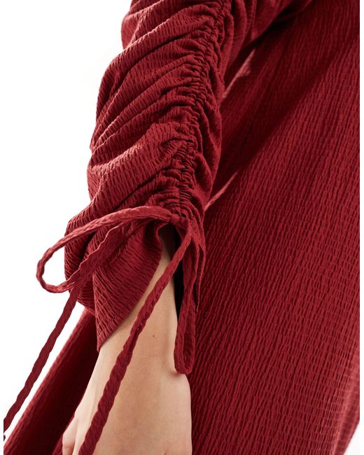 ASOS Red Ruched Sleeve Detail Crinkle Maxi Dress