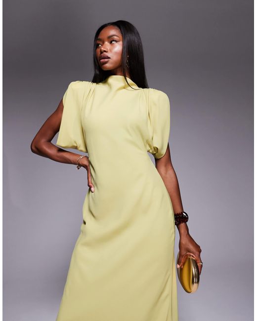 ASOS Green High Neck Satin Shoulder Pad Maxi Dress With Cowl Back