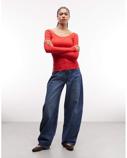 & Other Stories Red Long Sleeve Slim Fit Top With Thumb Holes