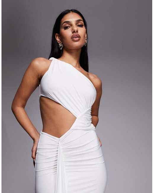 Kaiia Gray Exclusive Double Layered Slinky One Shoulder Draped Cut Out Detail Maxi Dress