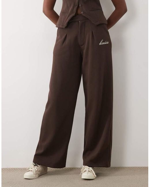 Kaiia Brown Cotton Rich Embroidered Wide Leg Pintuck joggers Co-ord