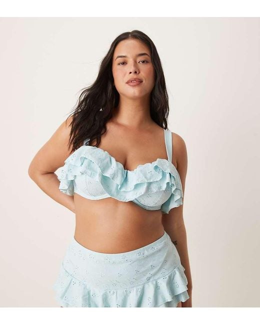 ASOS Blue Asos Design Curve Bobbi Broderie Frill High Waist Bikini Bottom