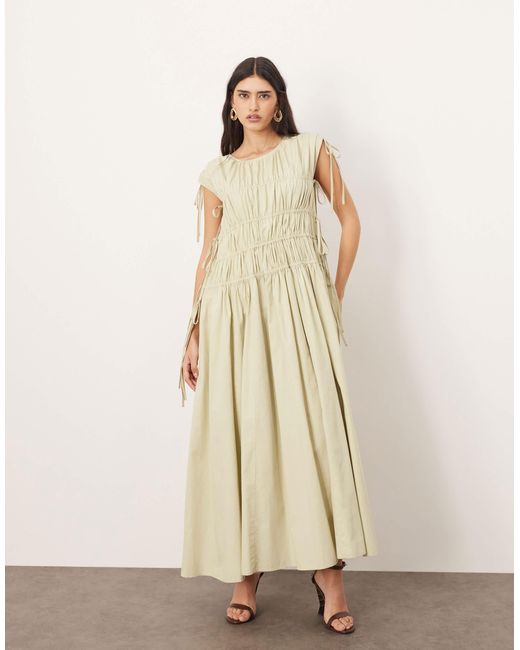 ARRANGE Natural Clean Cotton Drawstring Detail Trapeze Midi Dress With Pockets
