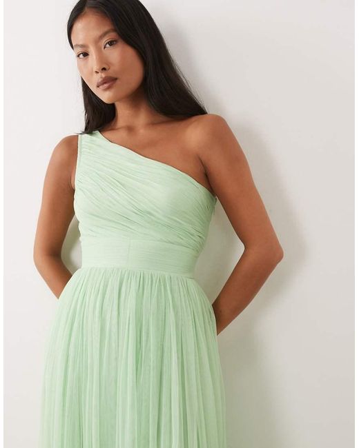 LACE & BEADS Green Bridesmaid Tulle One Shoulder Fitted Waist Maxi Dress