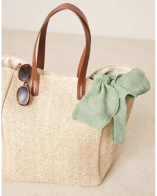 ASOS Natural Straw Oversized Tote Bag With Pu Handles-neutral