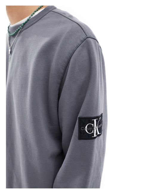 Calvin Klein Gray Washed Badge Crew Neck Sweatshirt for men
