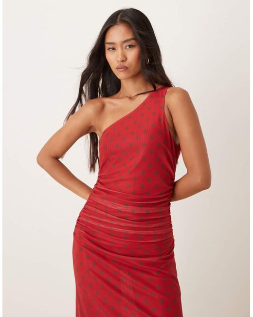 House Of Sunny Red Assymetric Ruffle Polka Dot Midi Dress