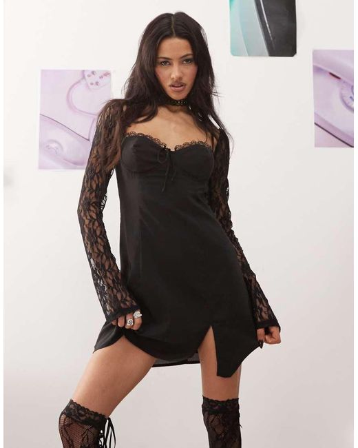 Princess Polly Black Lace Flared Sleeve Side Split Mini Dress