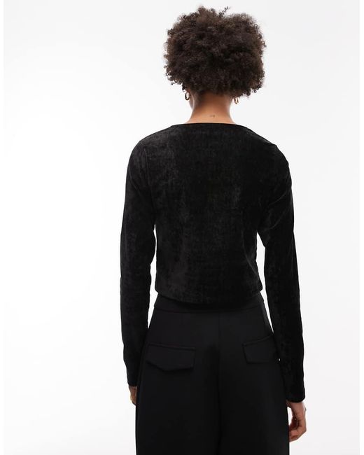 ASOS Black Textured Velvet Long Sleeve Button Through Top